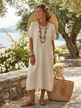 Francesca Bettini Made in Italy Linen Lagenlook MidiMaxDress L Beige V-Neck Slit
